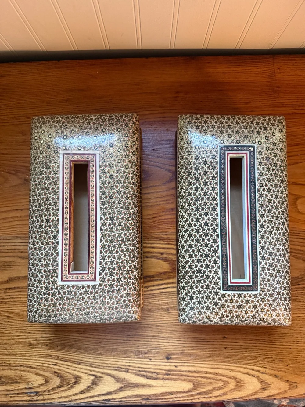 Set of Two Handmade Persian Khatam Tissue Box Covers Marquetry Mosaic Design